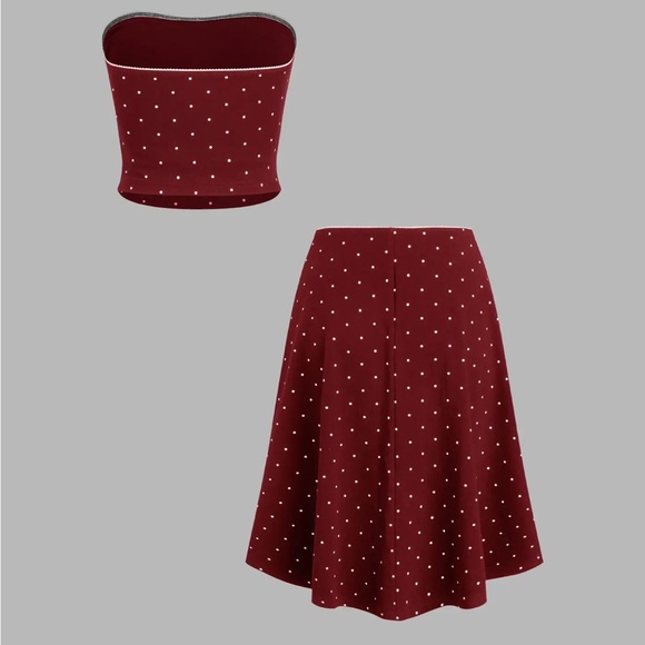 Cider COTTON-BLEND POLKA DOT BOWKNOT RUCHED BANDEAU TOP & LOW RISE MIDI SKIRT - Picture 2 of 9